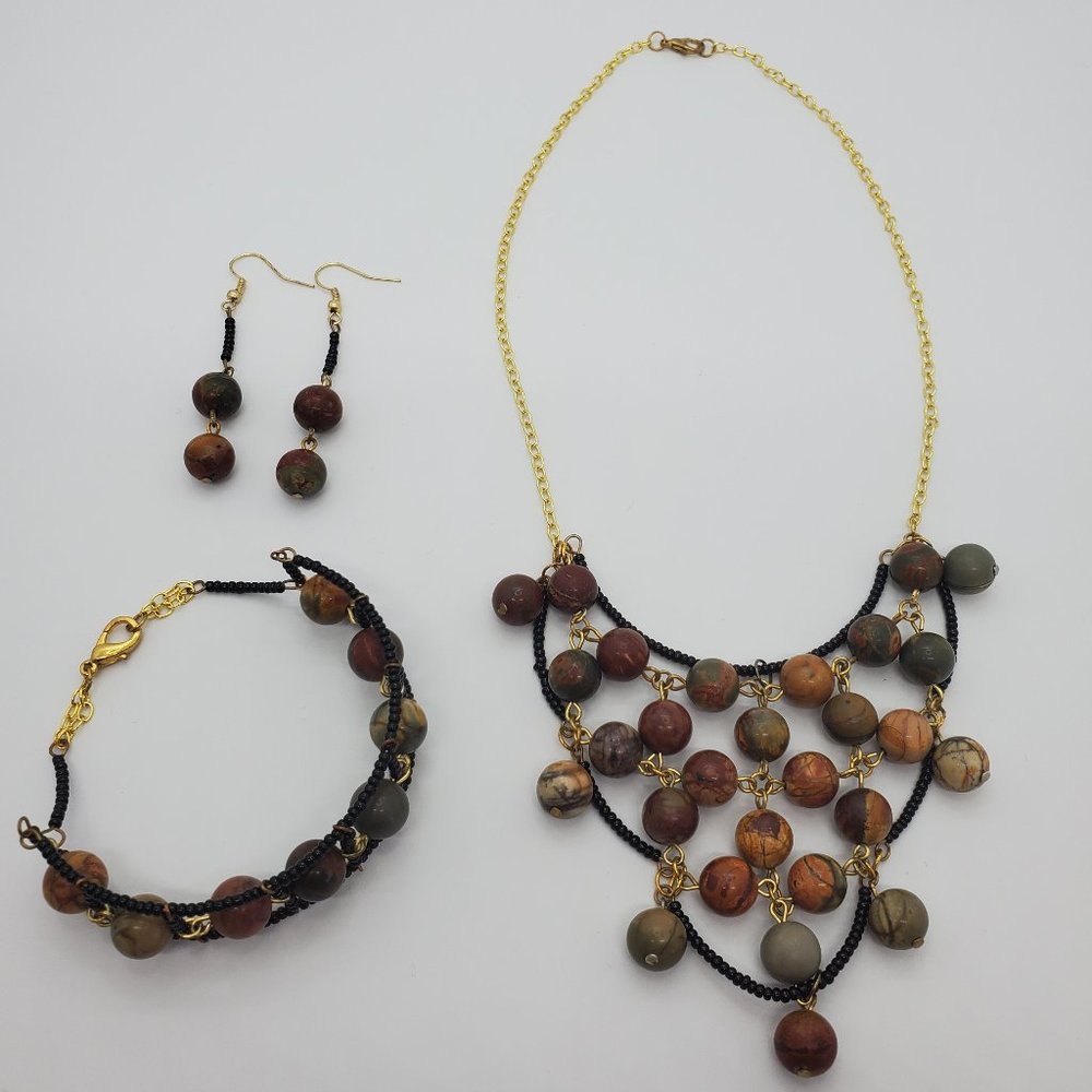 One-of-a-kind, Earth Tone Jasper Lattice-style Jewelry Set.